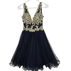 Blondie Nites Whimsigoth Fairy Prom Dress Gold Filigree Navy Tulle Gothic Glam 1